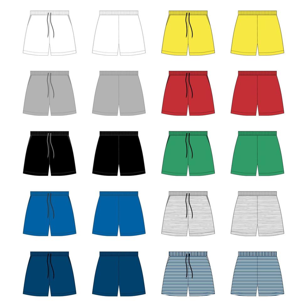 conjunto de plantilla de diseño de pantalones cortos deportivos. Ilustración de vector de moda boceto técnico sobre fondo gris.