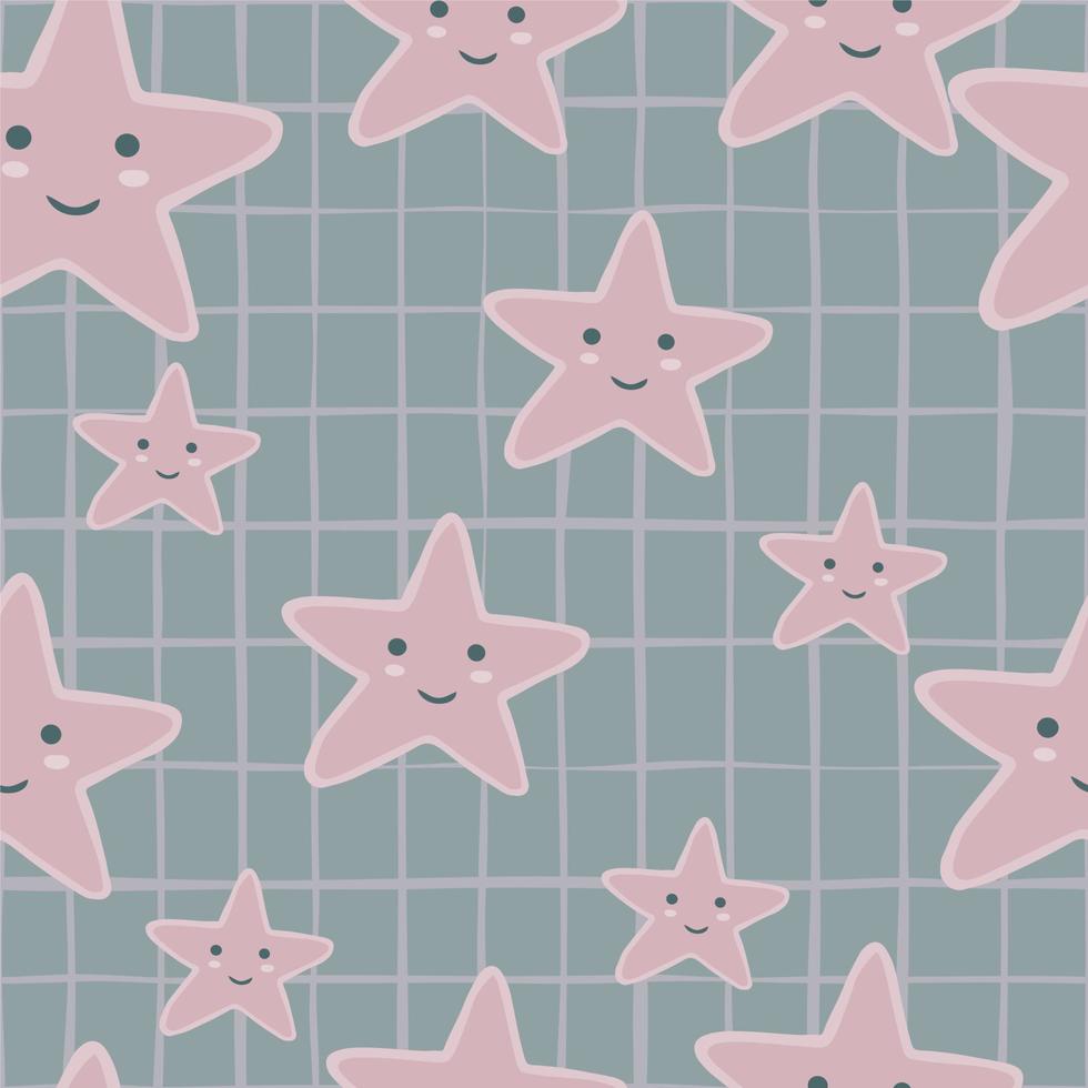 Pink smiling stars seamless pattern on stripes background. Character star shapes elements wallpaper. vector