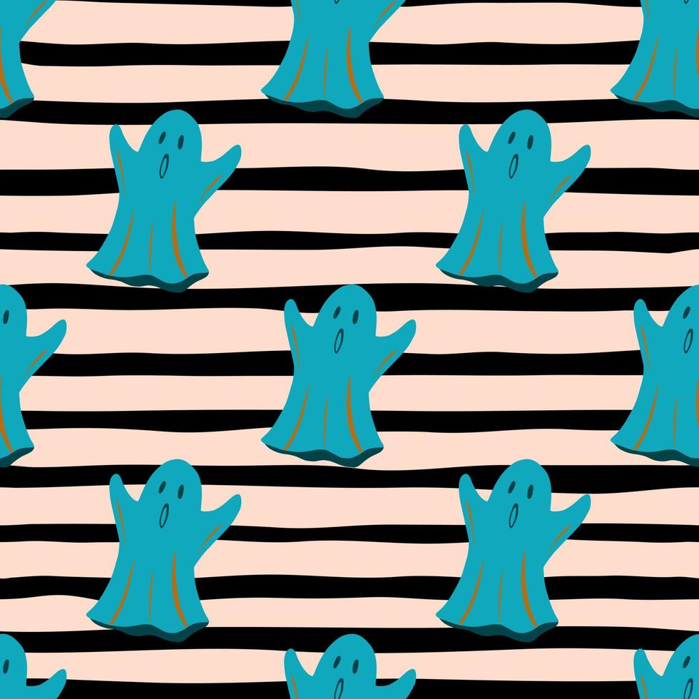 Bright autumn halloween print with ghosts seamless pattern. Spooky ornament in blue tones on stripped background. vector