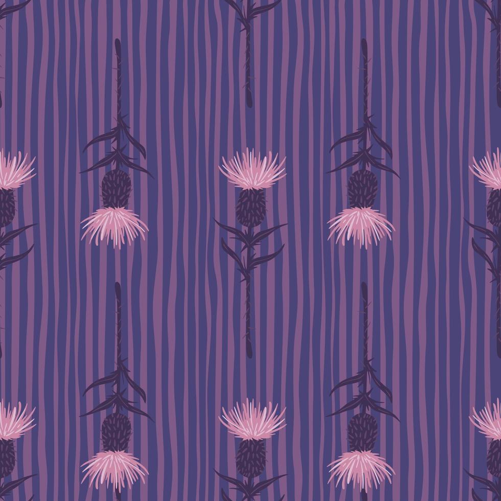 Botanic seamless pattern with burdock elements. Hand drawn ornament with pink buds on purple stripped background. vector