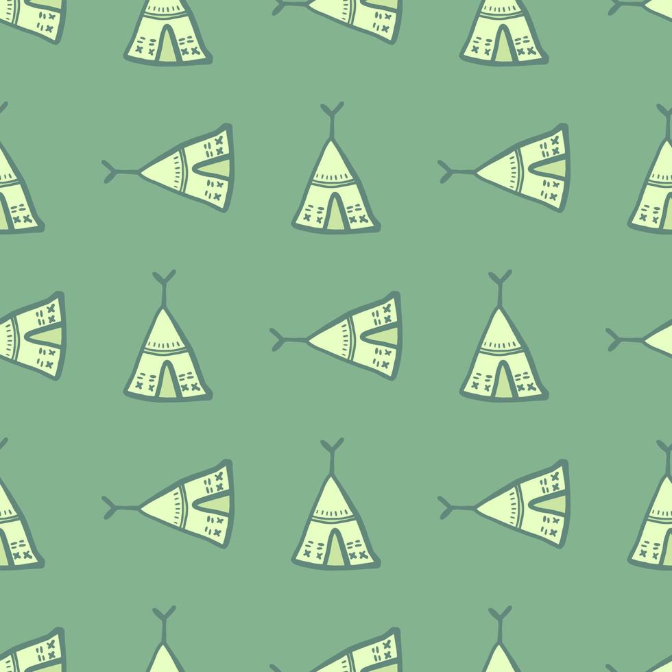 Teepee seamless pattern on green background. Tribal wallpaper. Hand drawn style vector