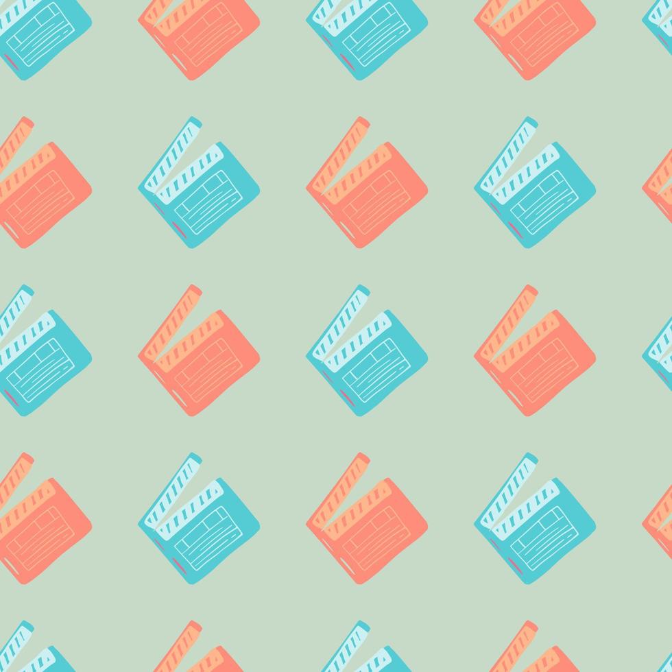 Contrast seamless doodle pattern wih clapperboard print. Simple blue and pink colored elements on grey background. vector