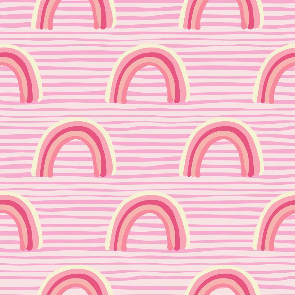 Pink colors seamless childish pattern with rainbow elements. Striped background. Simple girly print. vector