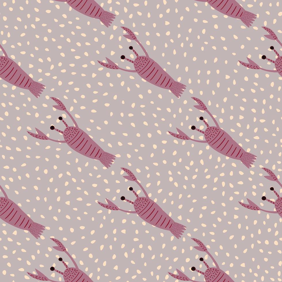 Pink colored lobster print seamless doodle pattern. Nature sea backdrop with grey dotted background. vector