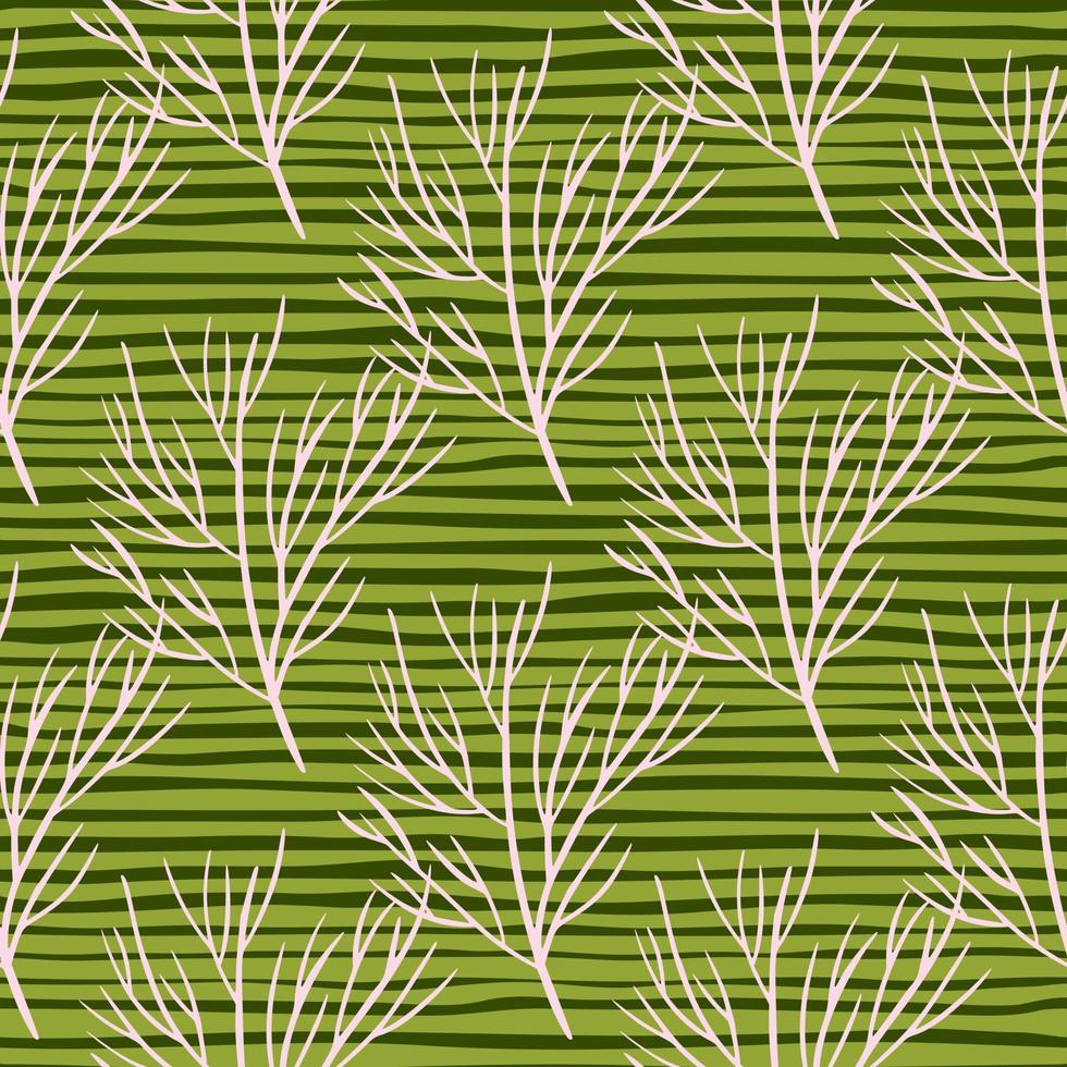 patrón transparente dibujado a mano con elementos de ramas de árboles de tonos claros. fondo de rayas verdes. estilo simple. vector