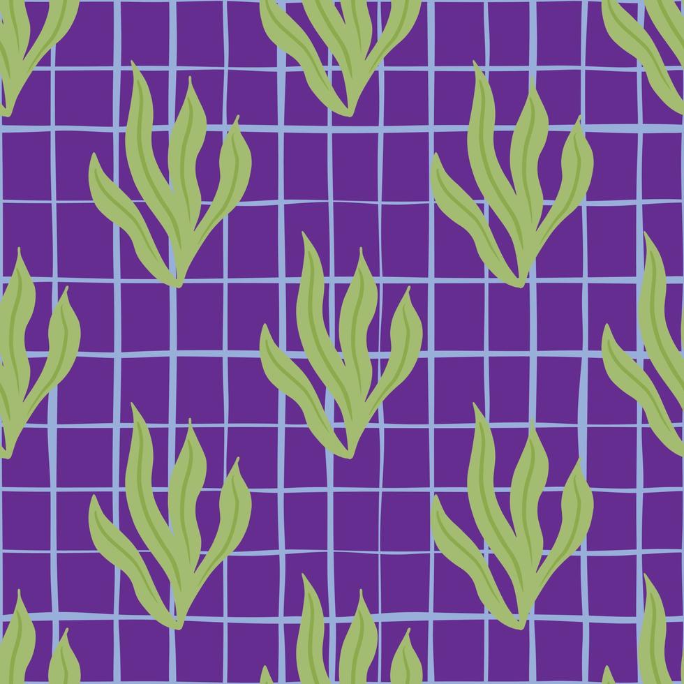 Bright ocean flora seamless pattern with hand drawn seaweed ornament. Purple chequered background. vector