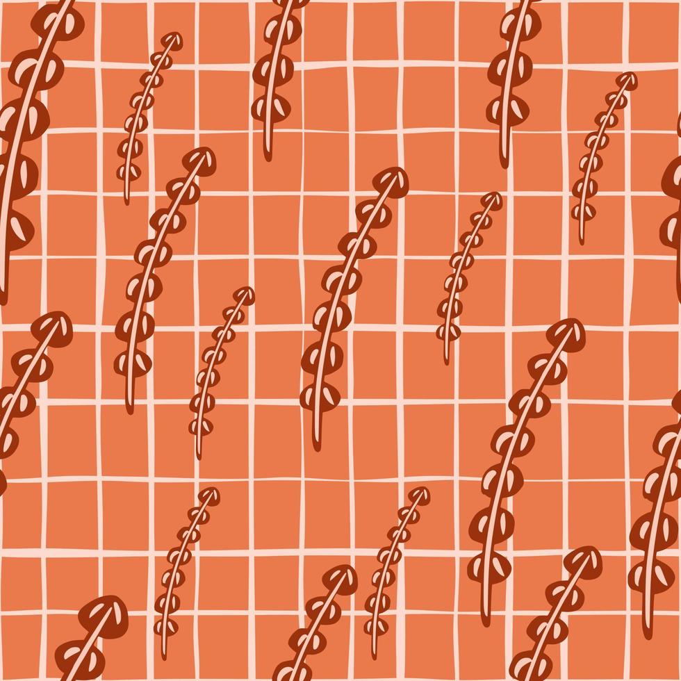 Random seamless underwater flora pattern with doodle seaweed ornament. Orange chequered background. vector
