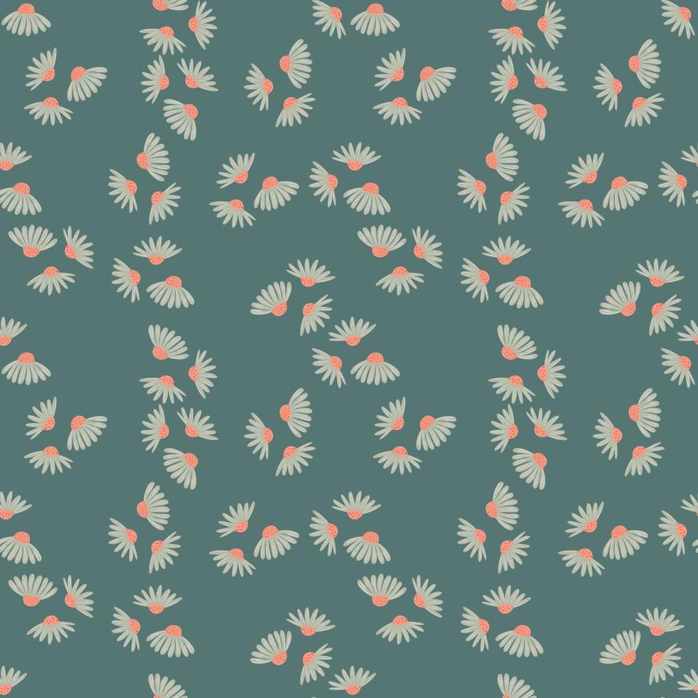 Abstract style floral seamless pattern with doodle little random daisy flowers silhouettes. Turquoise background. vector