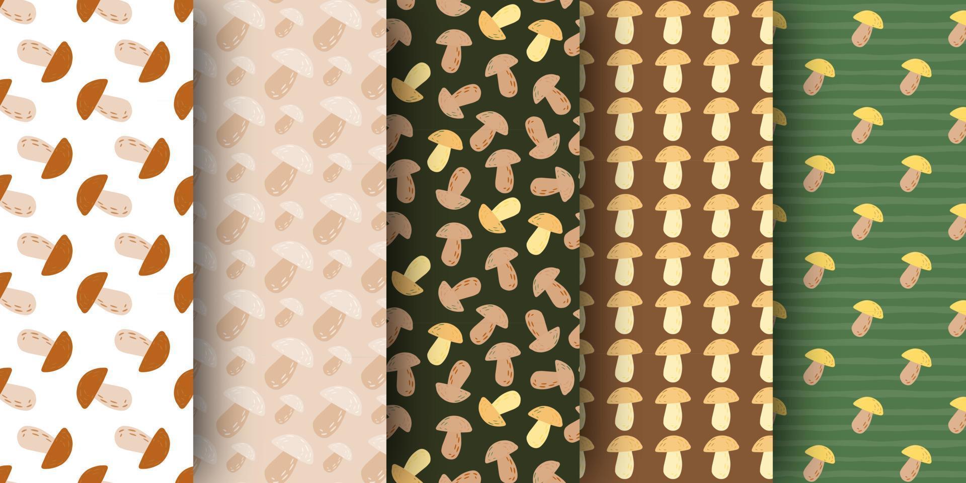 Set of autumns seamless stylized pattern with mushrooms ornament. Simple wildlife backdrop collection. vector
