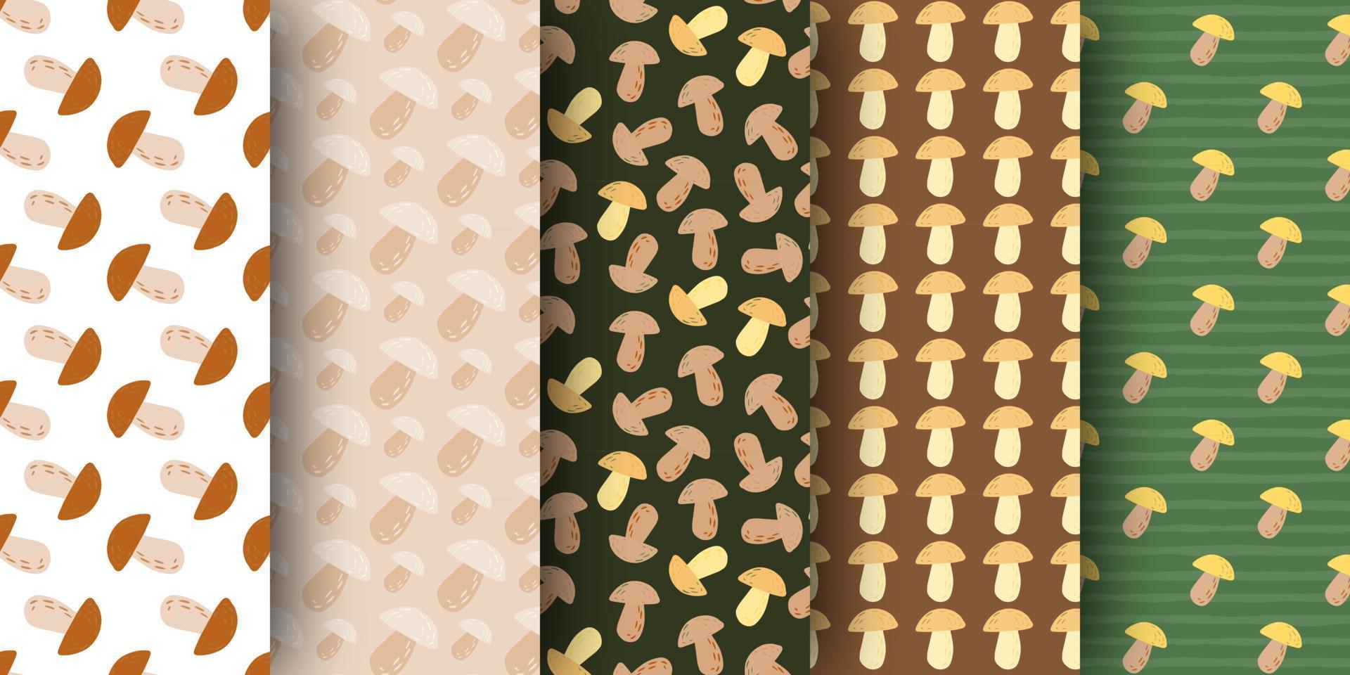 Set of autumns seamless stylized pattern with mushrooms ornament. Simple wildlife backdrop collection. vector