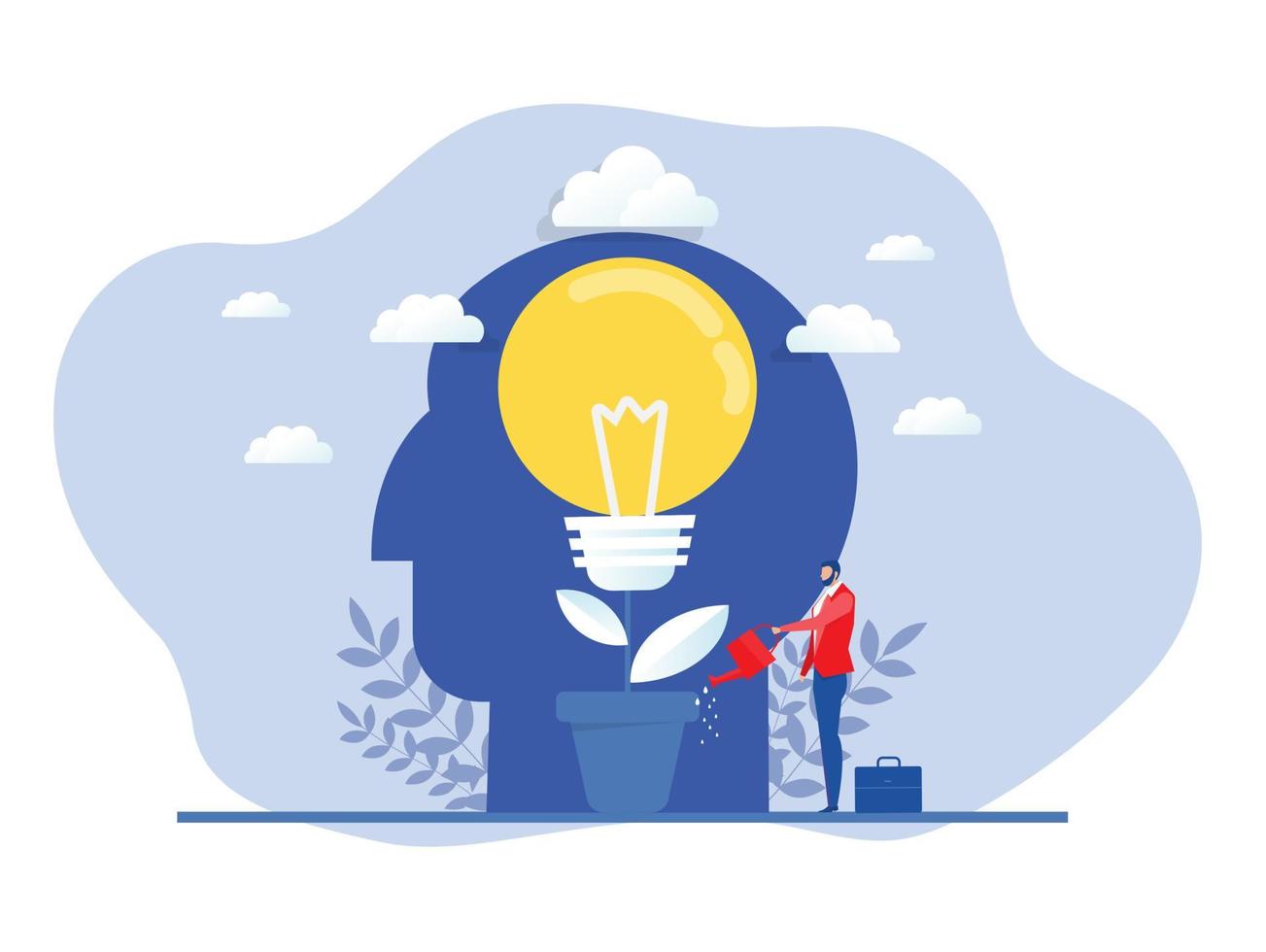 hombre de negocios regando plantas con un gran crecimiento de bombillas, idea creativa, ilustrador vectorial del concepto de crecimiento empresarial vector