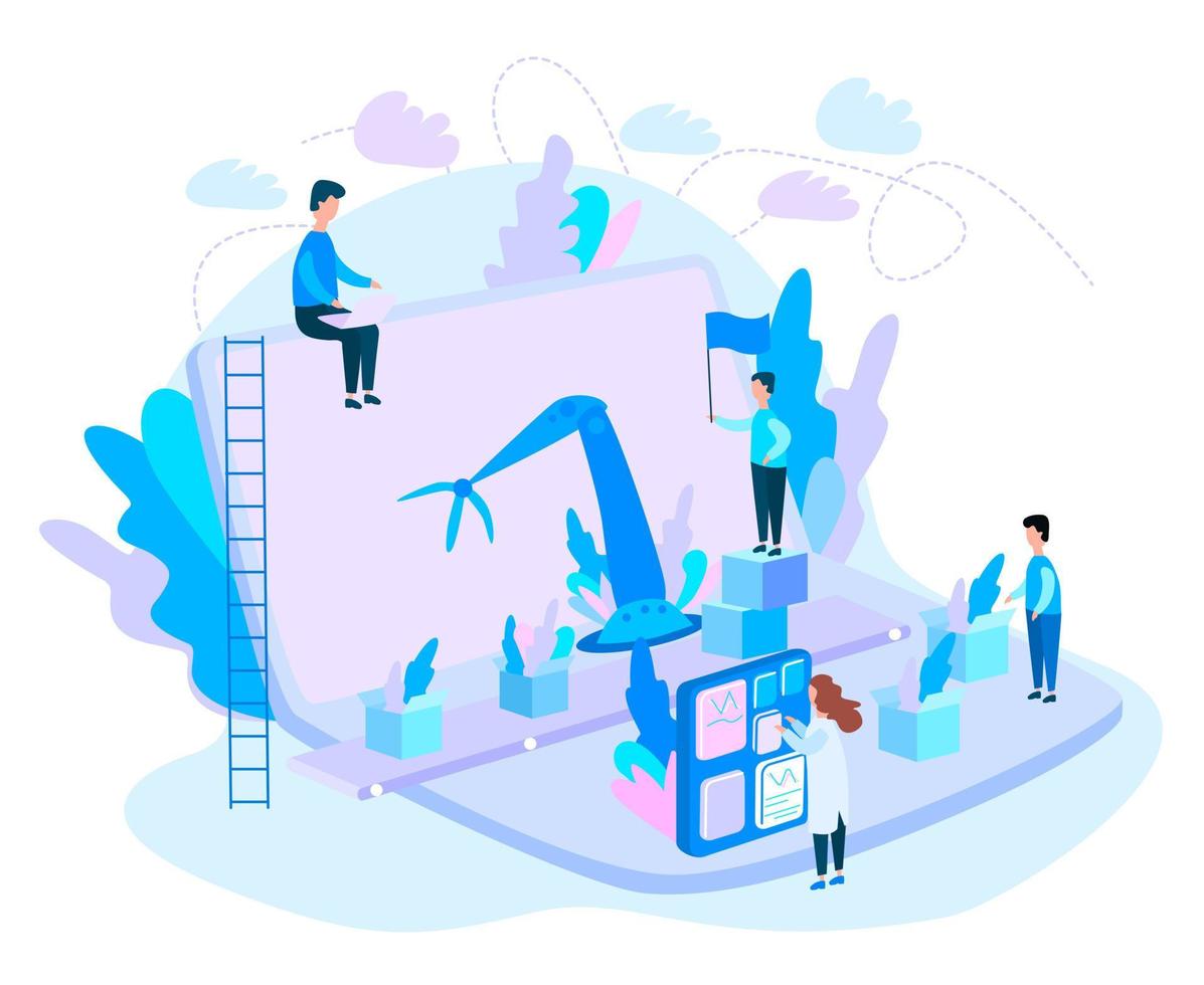 Robotic hands and conveyor belt, controlled by engineer. Flat vector concept Infographic