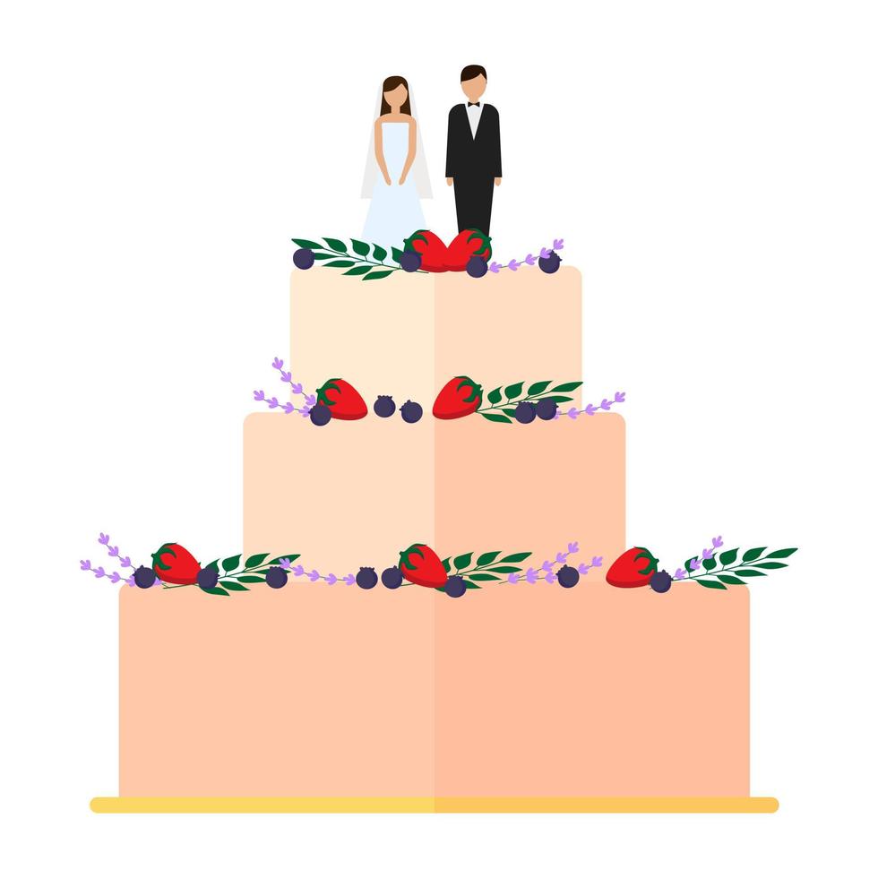 Cute wedding cakes with floral decoration isolated on a white background. vector