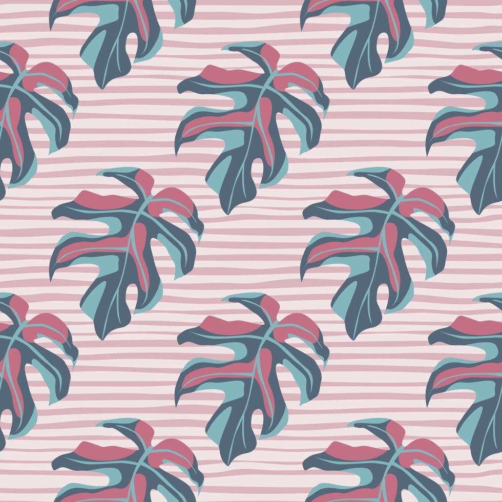 Hand drawn stylized seamless monstera pattern. Simple leaf silhouettes in pastel blue and pink tones on light stripped background. vector