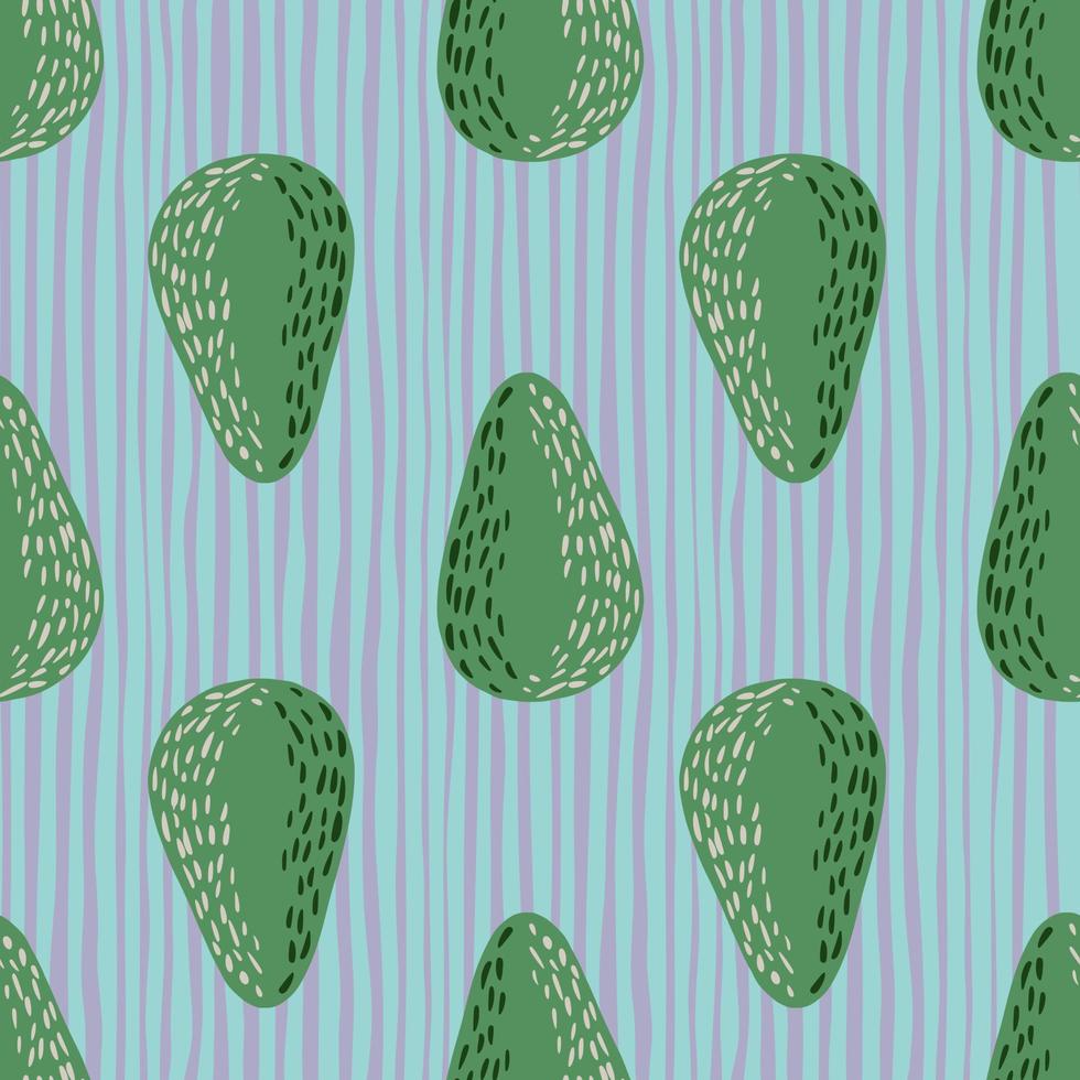 Green organic avocados seamless cartoon pattern. Hand drawn stylized natural print on blue stripped background. vector