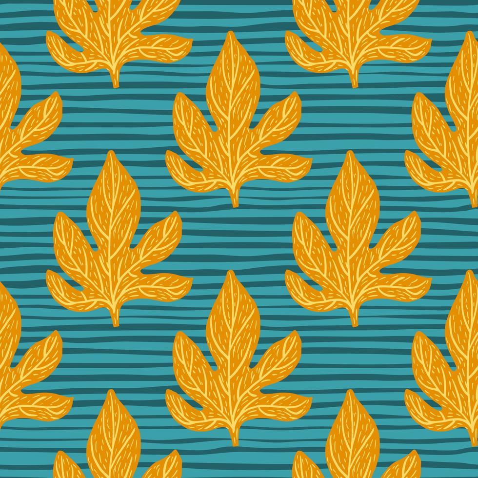 Seamless pattern with nature falling leaves orange ornament. Bright blue striped background. vector