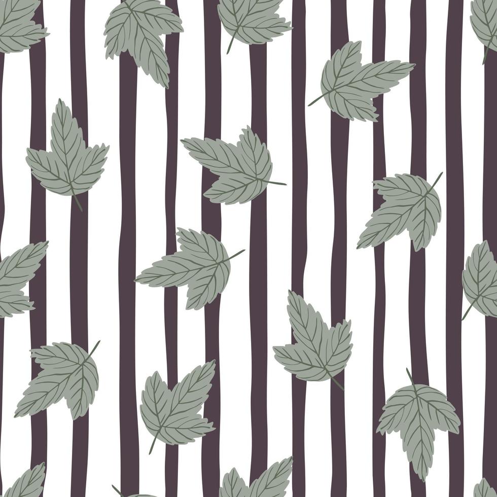 Random contrast seamless pattern with grey little leaf silhouettes. Striped background. vector
