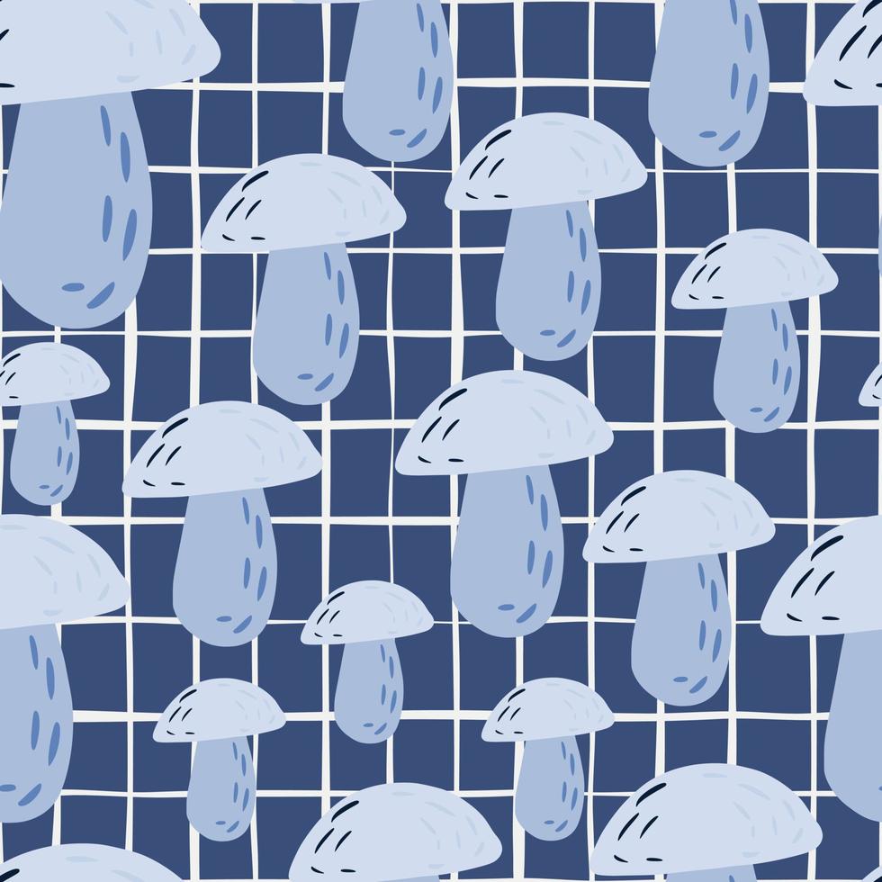 Random seamless stylized pattern with forest mushroom silhouettes. Blue colored artwork with chequered background. vector