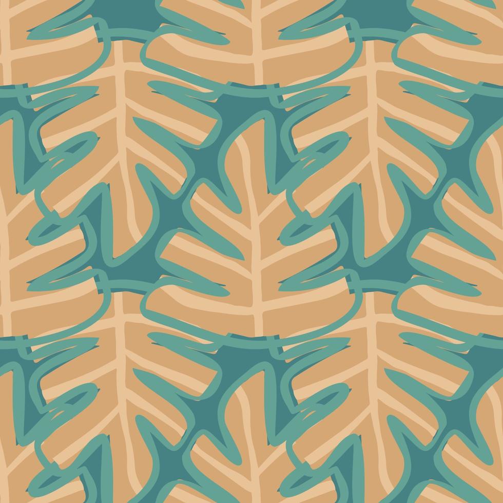 Exotic plant leaves on green background. Doodle leaf seamless pattern. Endless botanical texture. Hand drawn foliage vector illustration. Design for fabric, textile print, wrapping paper.