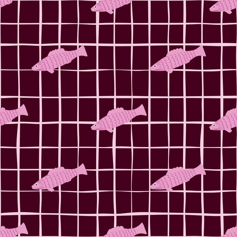 Creative bright seamless pattern with pink fish silhouettes. Hand drawn animal sea life artwork with chequered dark maroon background. vector