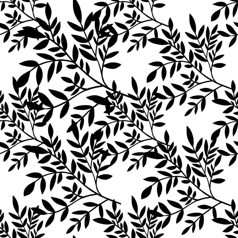 Black leaves silhouette seamless pattern. Tree branches wallpaper. Nature backdrop. Decorative twigs. vector