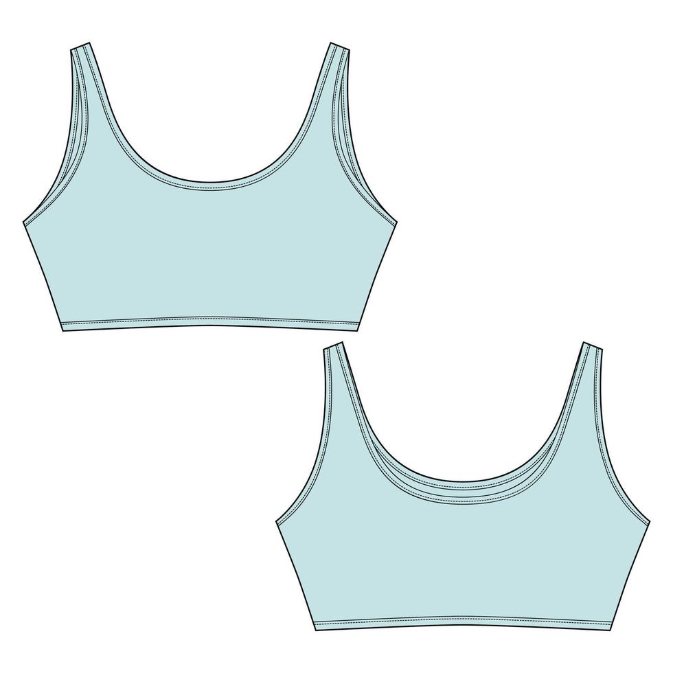 Technical sketch of light blue color sport bra. Casual clothes for girls isolated on white background. Yoga underwear design template. Front and back views. vector