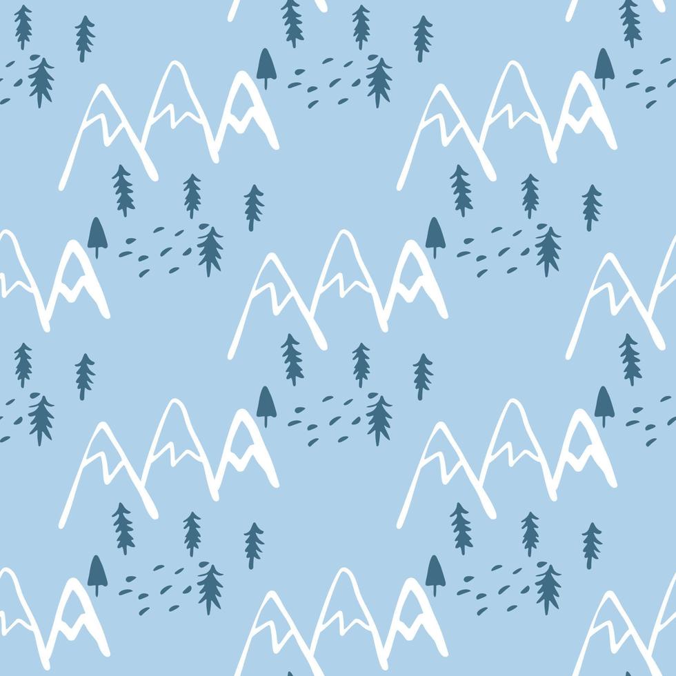 Seamless pattern with trees and mountains on blue background. Scandinavian endless woodland wallpaper. vector