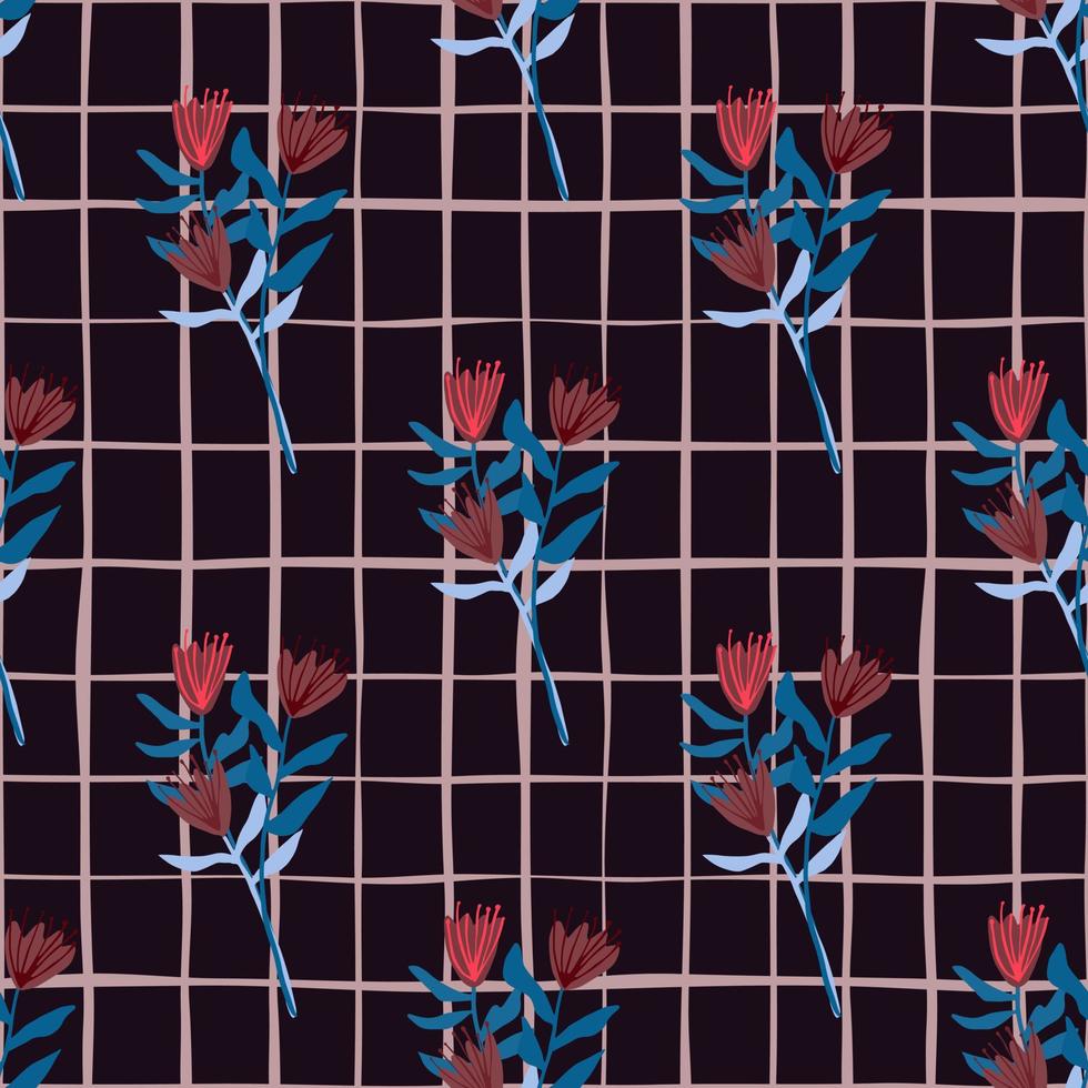 Seamless floral pattern with red tulip bouquets. Dark maroon background with check. Simple backdrop. vector