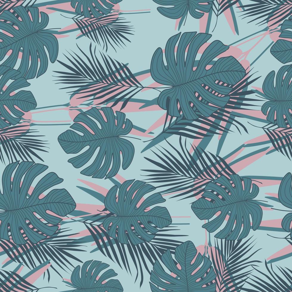 Exotic tropical leaves seamless pattern on blue background. Trendy botanical leaf wallpaper. vector