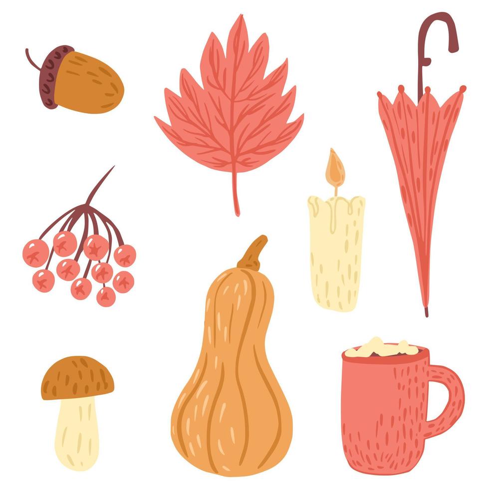 establecer el estado de ánimo de otoño aislado sobre fondo blanco. serbal de dibujos animados, paraguas, hoja, bellota, vela, chocolate caliente, malvaviscos, champiñones, calabaza. vector