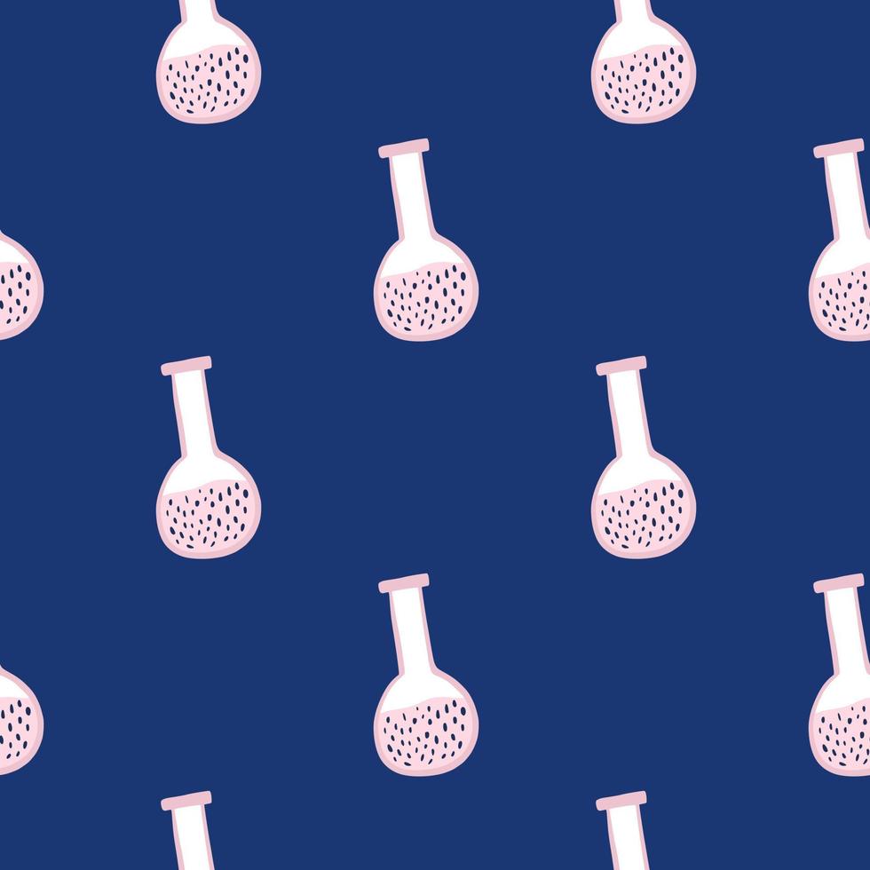 Lilac liquid in flask seamless doodle pattern. Navy blue background. Simple hand drawn ornament. vector