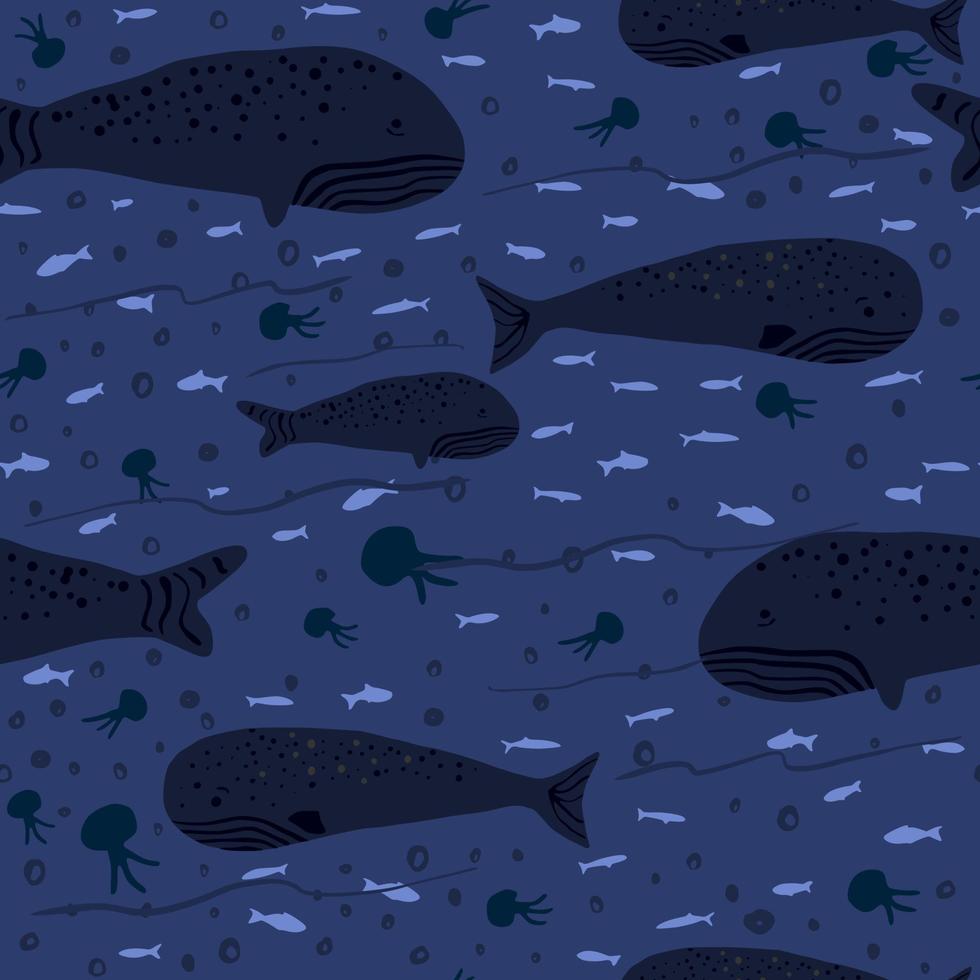 Seamless marine pattern with cahalots and whales. Sea animals and weeds on navy blue tones print. vector