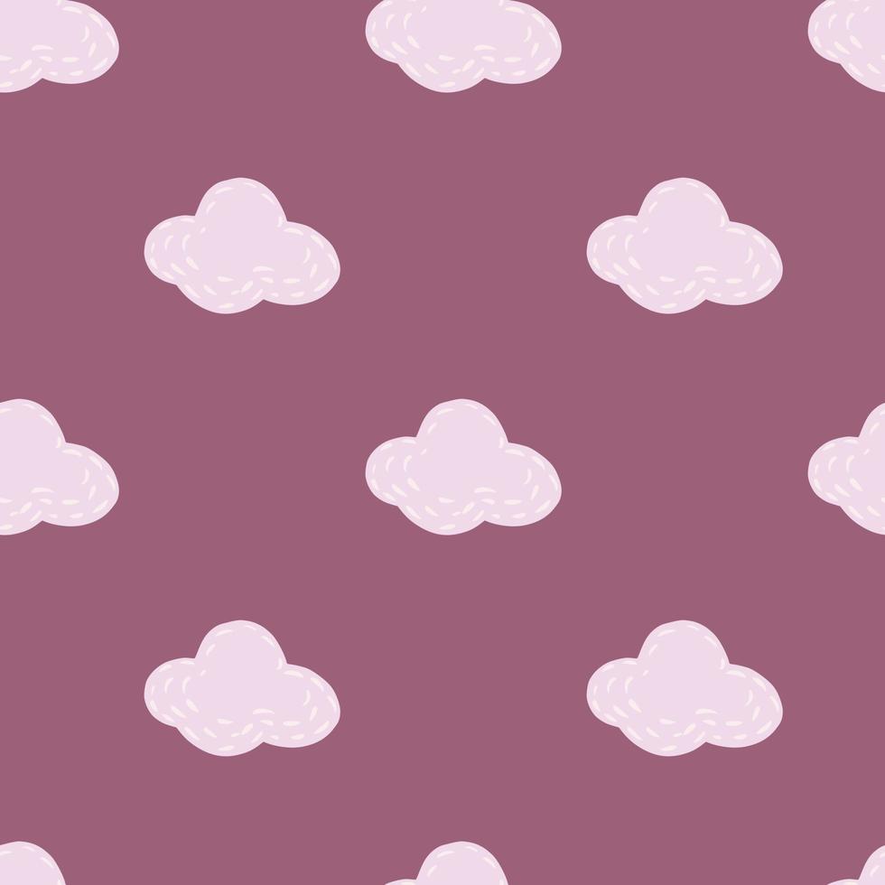 Grey simple clouds elements seamless pattern. Purple background. Sky childish minimalstic artwork. vector