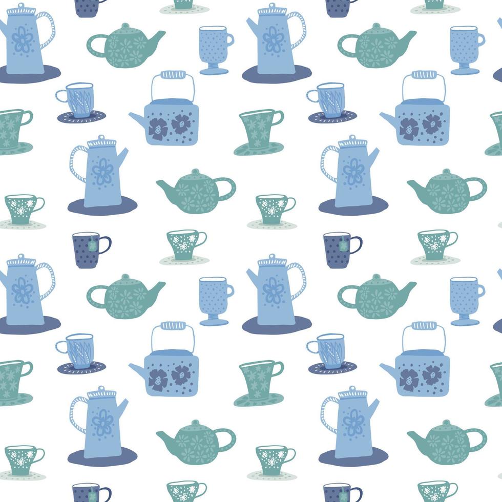 Isolated tea ceremony seamless doodle pattern. Blue cups and teapots silhouettes on white background. vector