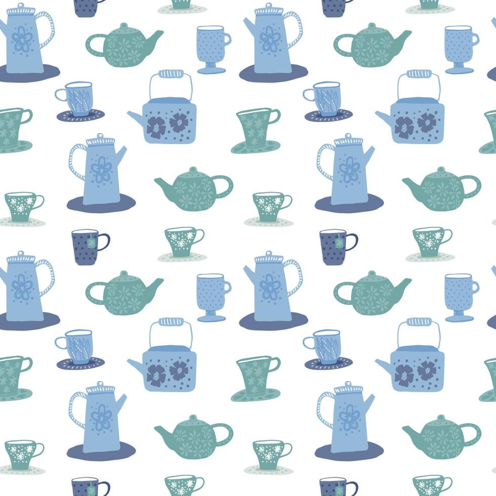 Isolated tea ceremony seamless doodle pattern. Blue cups and teapots silhouettes on white background. vector