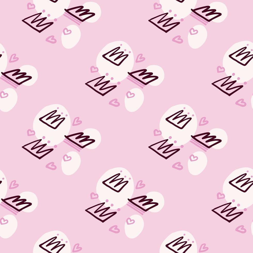 Pastel tones seamless pattern with black contoured crown and heart silhouettes. Light pink background with white splashes. vector