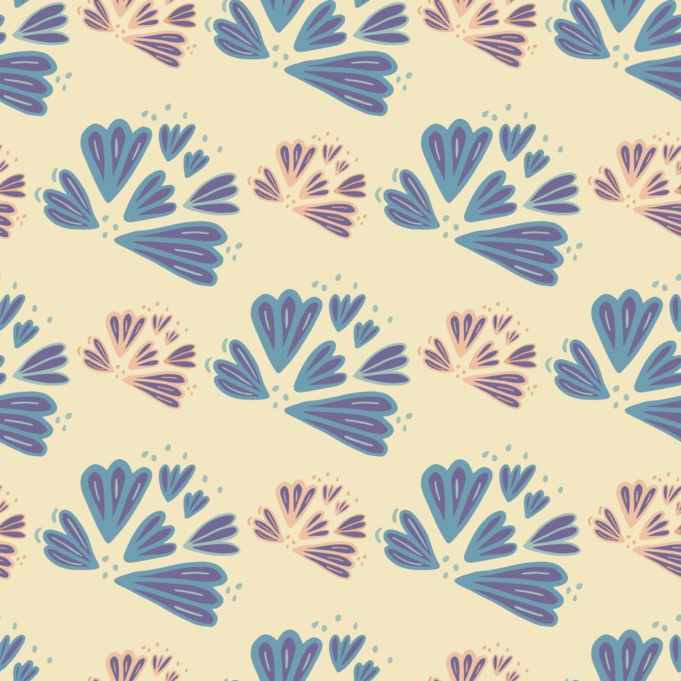 Stylized floral seamless pattern with flower outline silhouettes. Purple botanic shapes with pink and blue contour on light background. vector