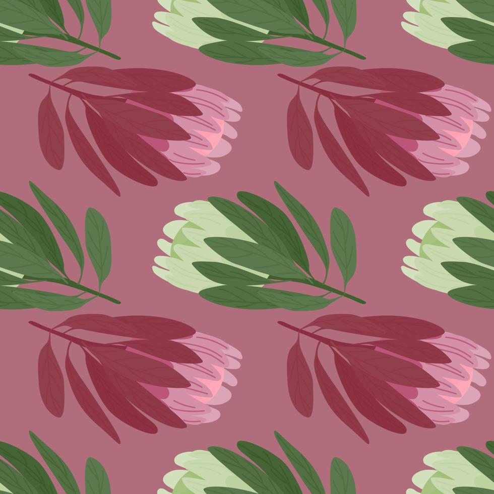 Green and pink colored protea doodle flowers seamless pattern. Pale purple background. Scrapbook print. vector