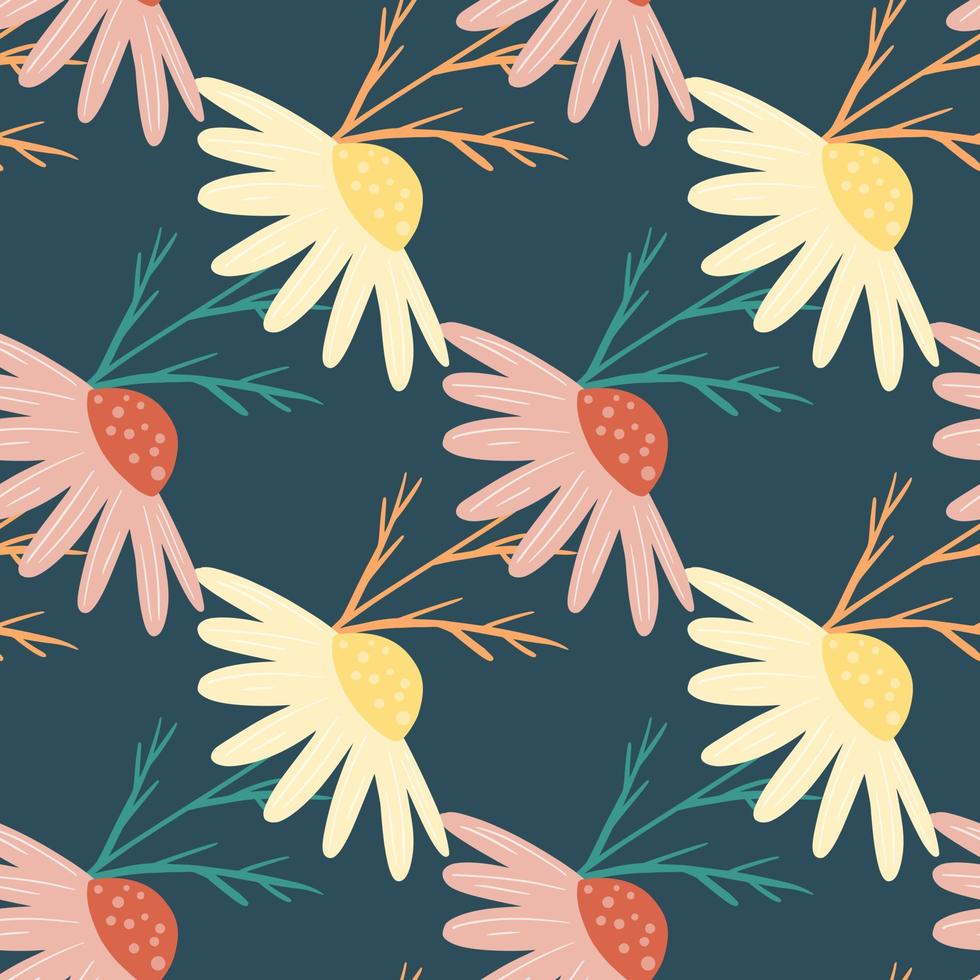 Decorative seamless pattern with doodle chamomile flowers print. Navy blue background. Yellow and pink flowers. vector