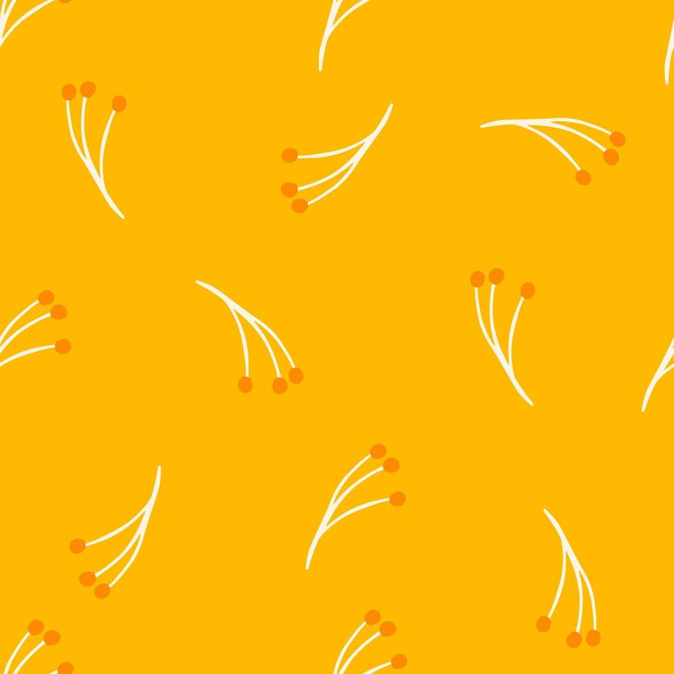 Abstract botanic seamless pattern with white branch berry print. Yellow bright background. Bloom print. vector