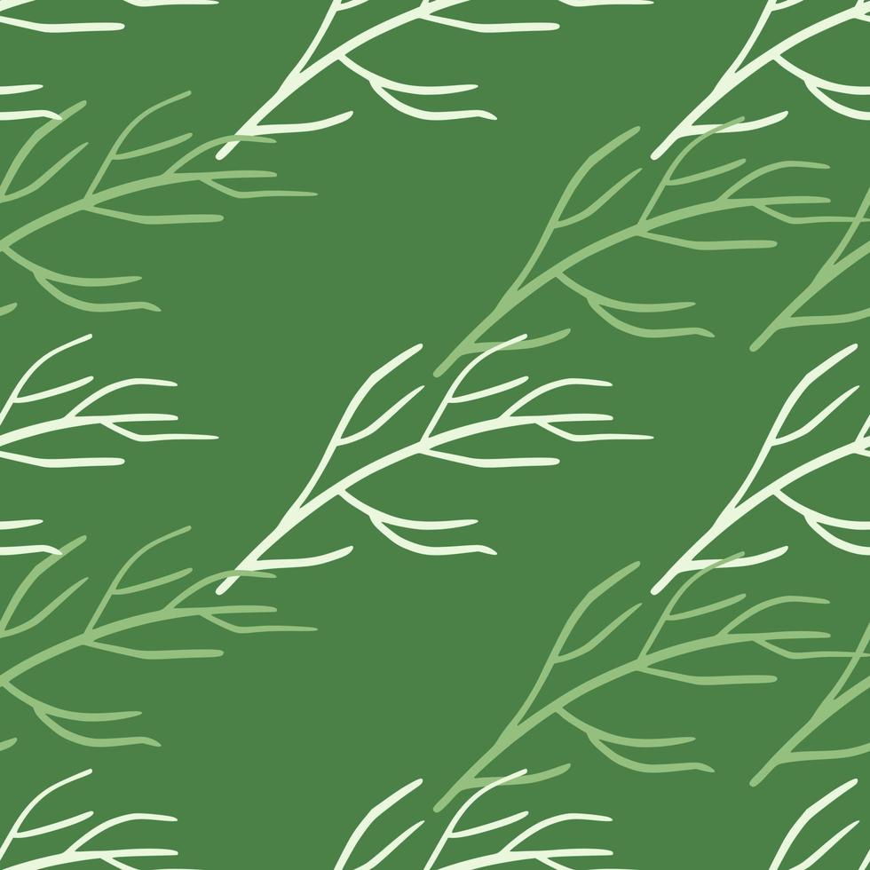 Abstract random seamless pattern with white colored botanic branches shapes. Green pastel background. vector