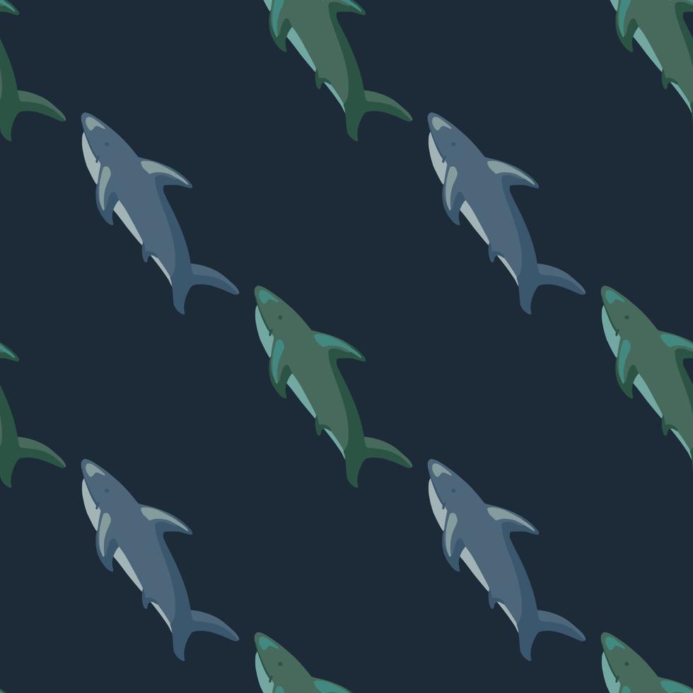 Minimalistic danger predator seamless pattern with blue and green sharks print. Dark background. vector