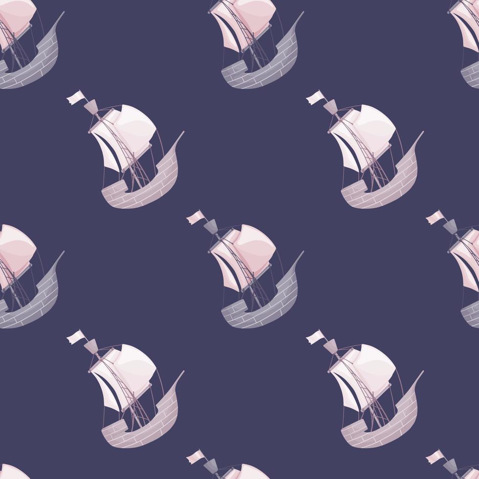 Geometric sailboat seamless pattern on purple background . Pirate ship wallpaper. Mast vessel with sails vector