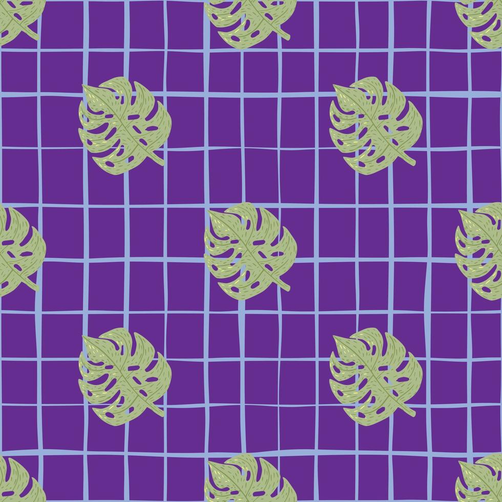 Abstract creative seamless doodle pattern with green monstera palm leaves and purple chequered background. vector