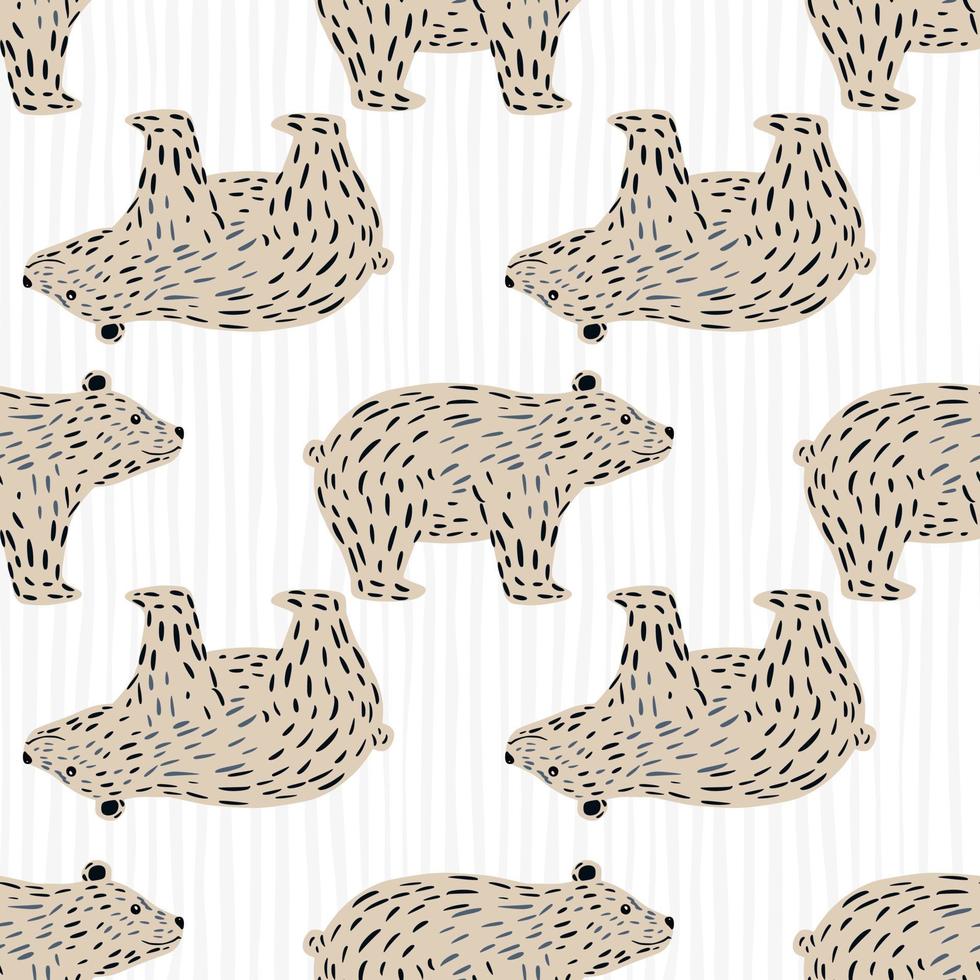 Beige dashes polar bear ornament seamless pattern in doodle style. Light striped background. Cartoon artwork. vector