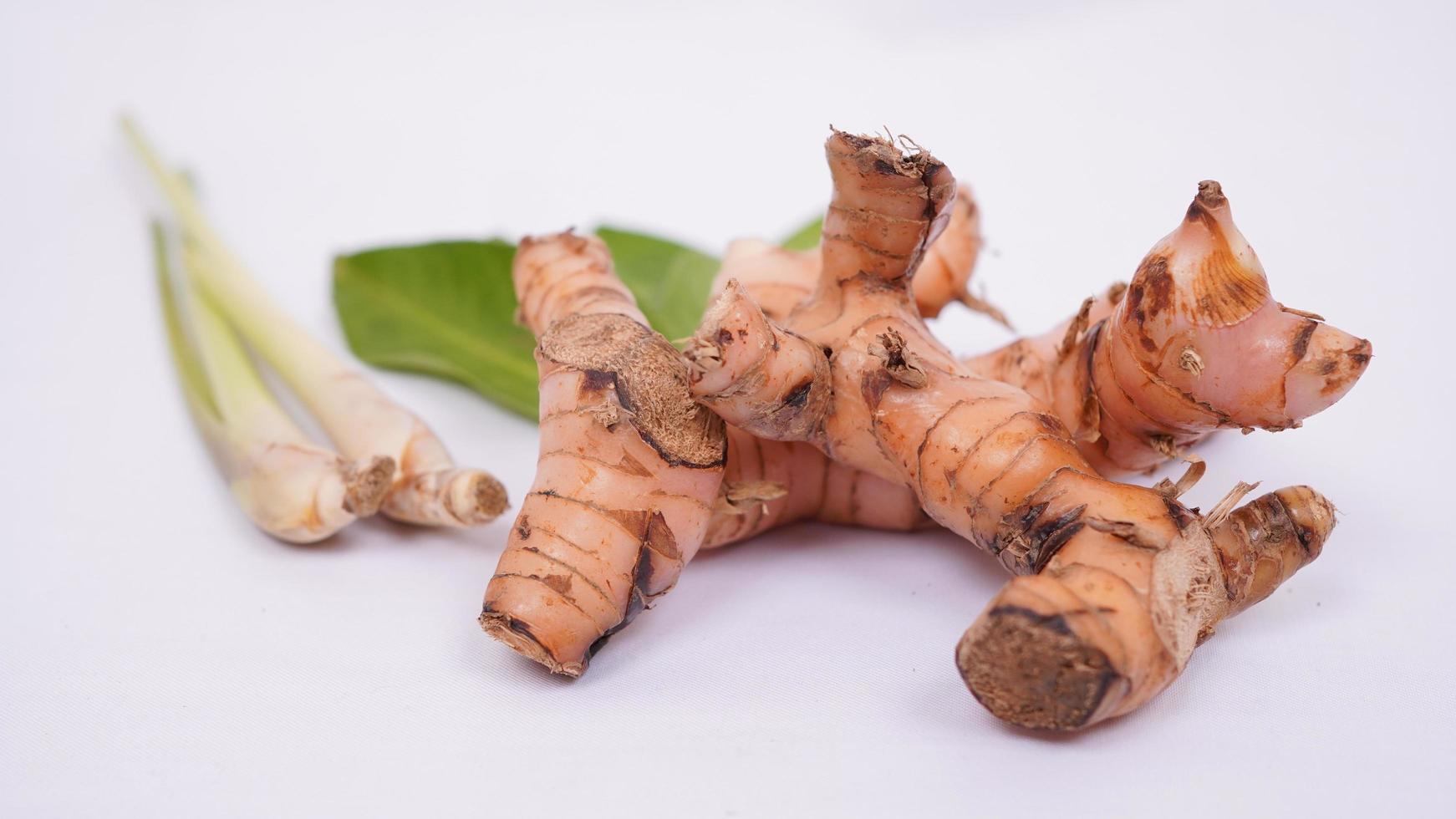 various spices, lemongrass, bay leaves and galangal isolated on white background photo