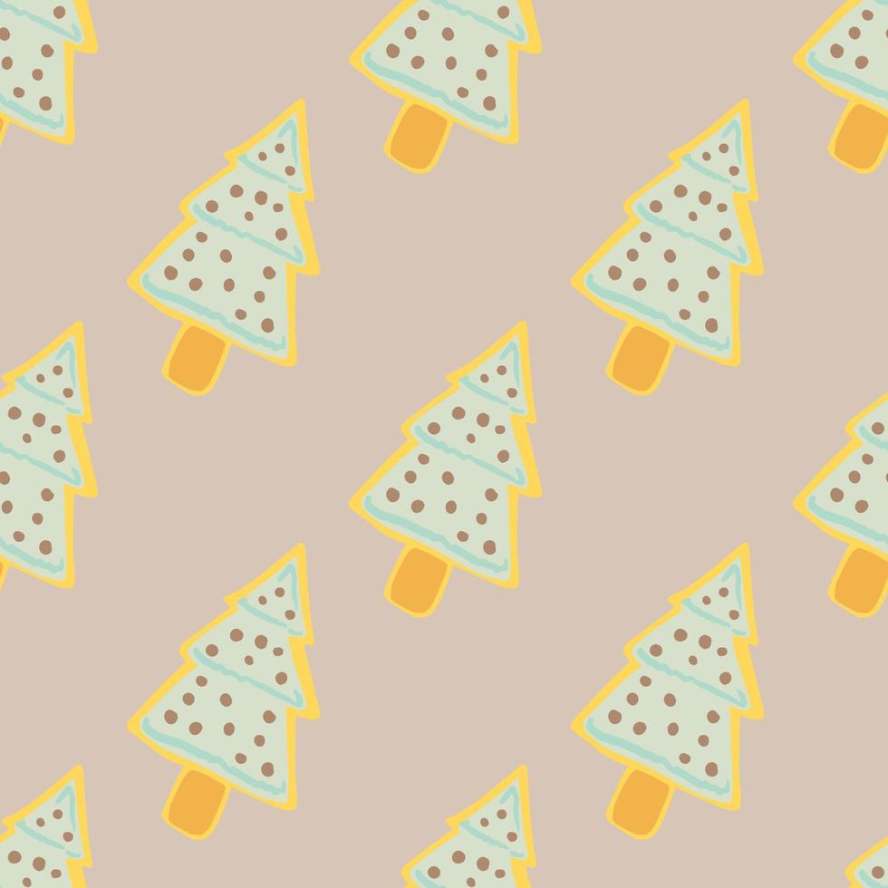Yellow contoured fir tree cookies doodle seamless pattern. Light pastel background. Winter tasty backdrop. vector