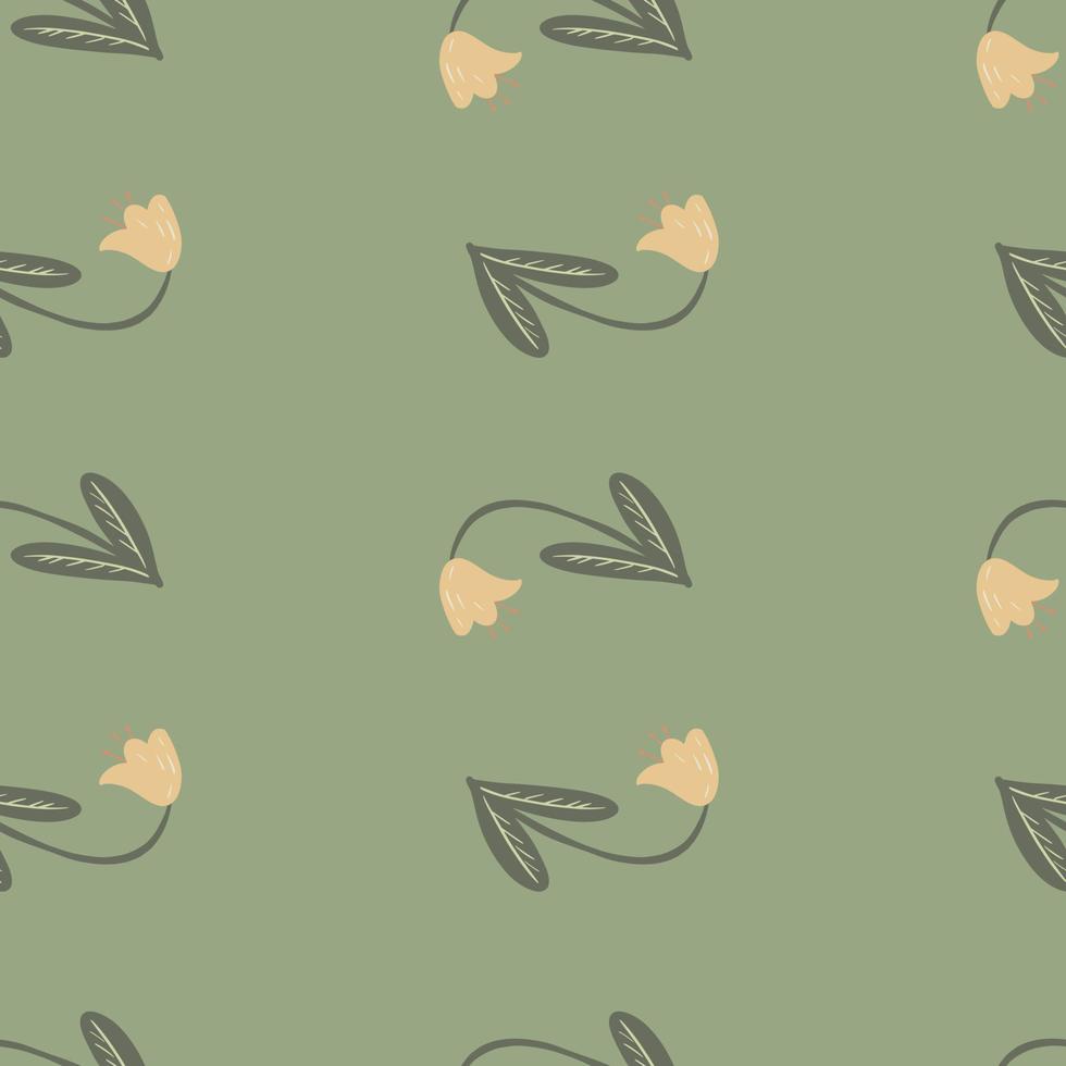 Scandinavian seamless doodle pattern with contoured campanula flowers. Green background. Pale palette artwork. vector