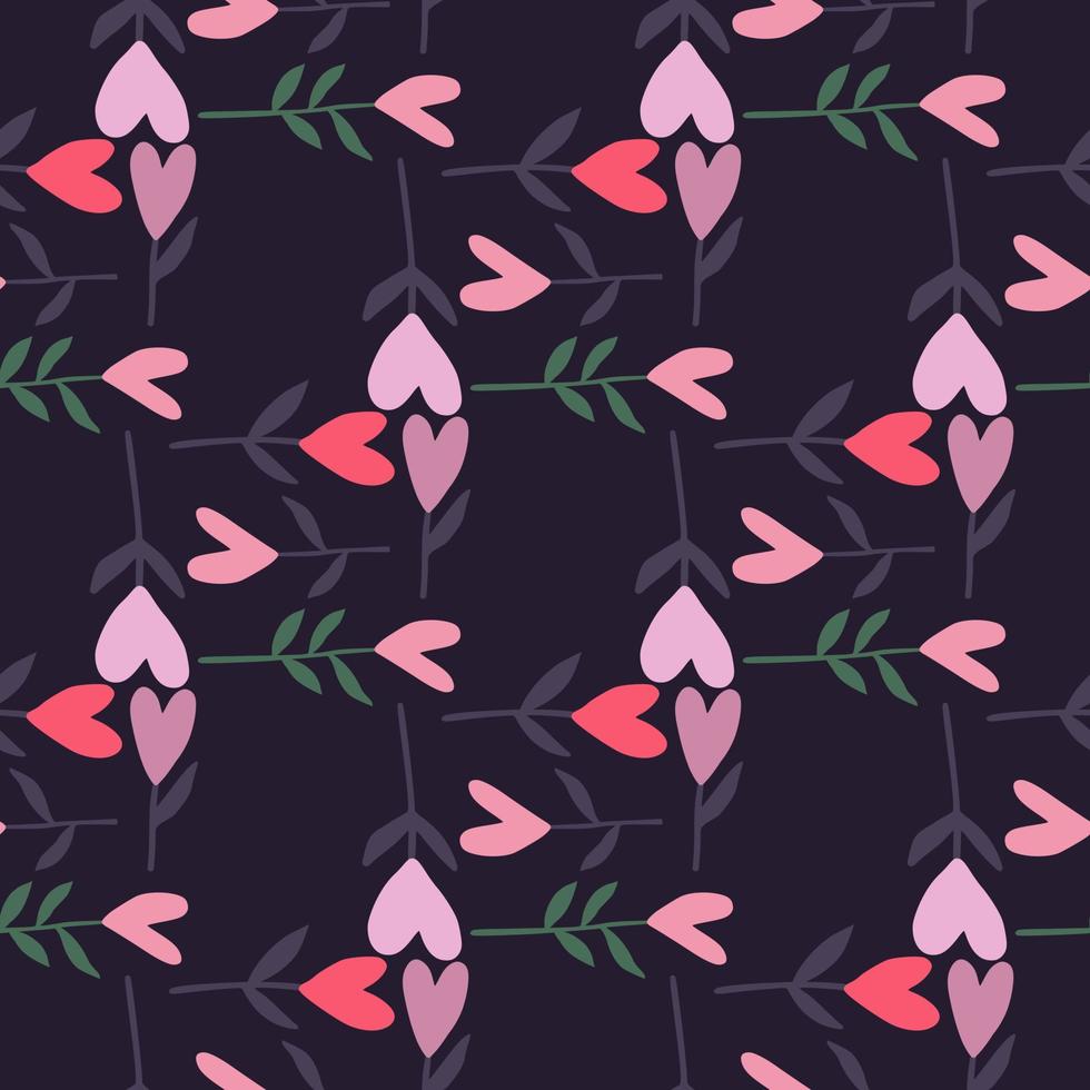 Twigs with hearts dark seamless doodle pattern. Pink and lilac tones elements on black background. vector