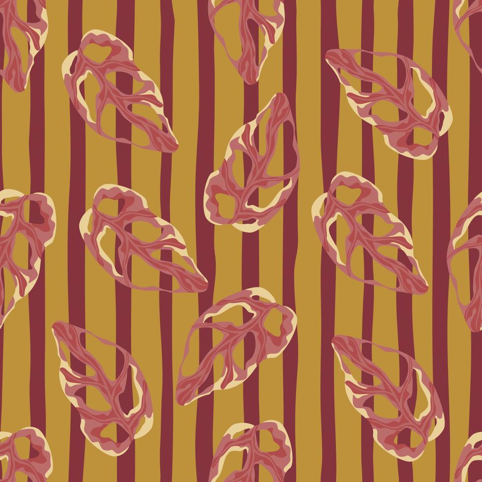 Seamless random pattern with pink pale monstera silhouettes. Tropical flora print on striped ocher and maroon background. vector